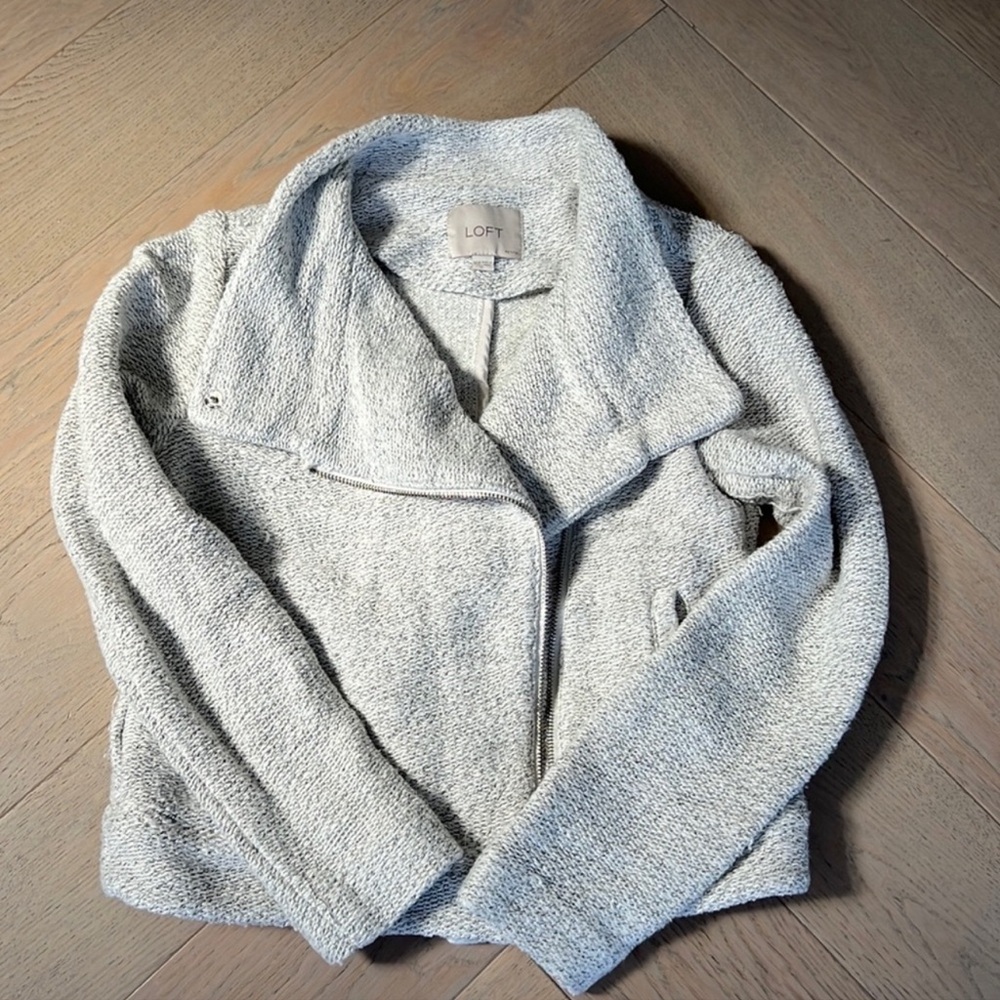 LOFT Light Heather Gray Bouclé Zip-Front Sweater Jacket